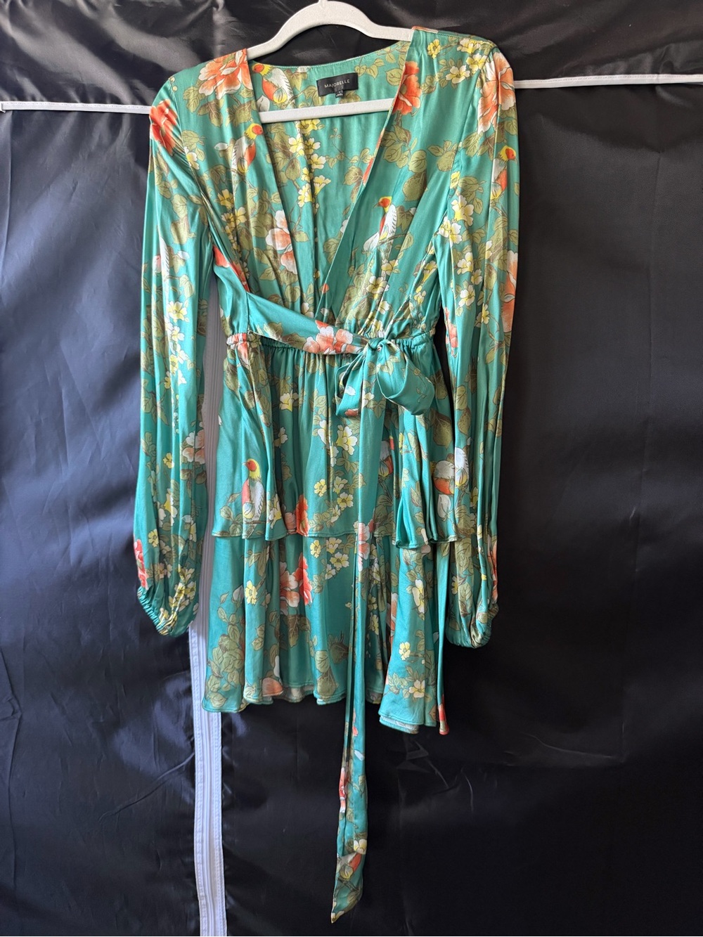MAJORELLE Tropical Bird & Floral Wrap Mini Dress | Teal | Size XS